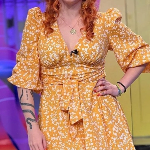 Yellow Ditsy Floral Print Mini Dress V-Neck Ties 3/4 Puff Sleeve Fit & Flare - Picture 8 of 11